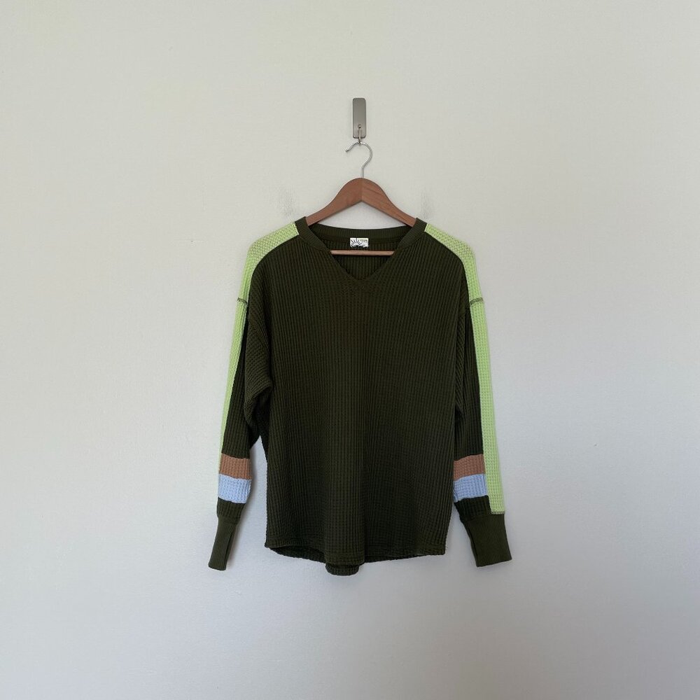 Offline Aerie Wow Waffle Notch Neck Long Sleeve T-Shirt Military Green Size XS